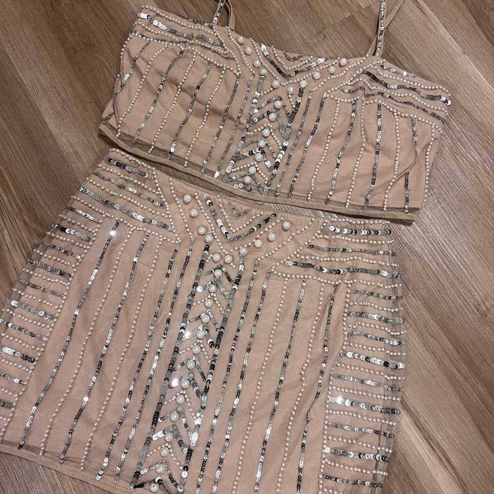 Show Me Your MuMu Sequin skirt set in Nude and Silver
